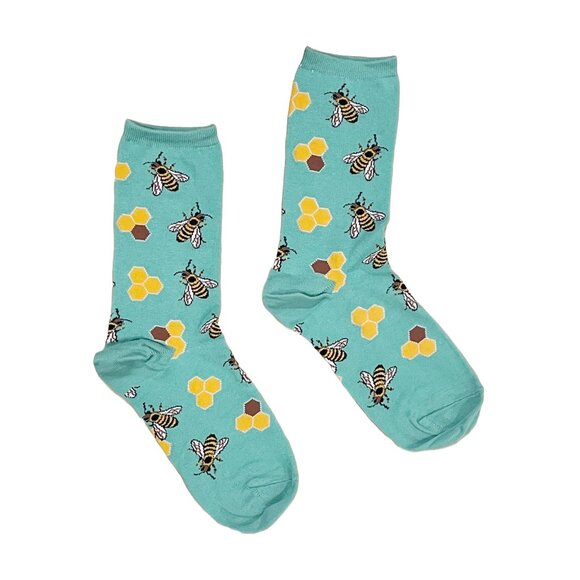 Bee & Honeycomb Crew Socks — Teal Yellow Cotton Blend — Fun Gift Idea - Picture 3 of 3